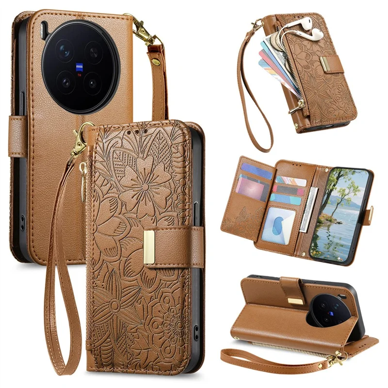 For vivo X300 Pro 5G Case Floral Leaf Pattern Multi Card Slots Zipper Leather Phone Cover with Wrist Strap - Brown