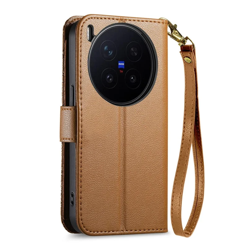 For vivo X300 Pro 5G Case Floral Leaf Pattern Multi Card Slots Zipper Leather Phone Cover with Wrist Strap - Brown