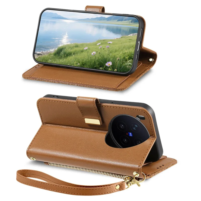 For vivo X300 Pro 5G Case Floral Leaf Pattern Multi Card Slots Zipper Leather Phone Cover with Wrist Strap - Brown
