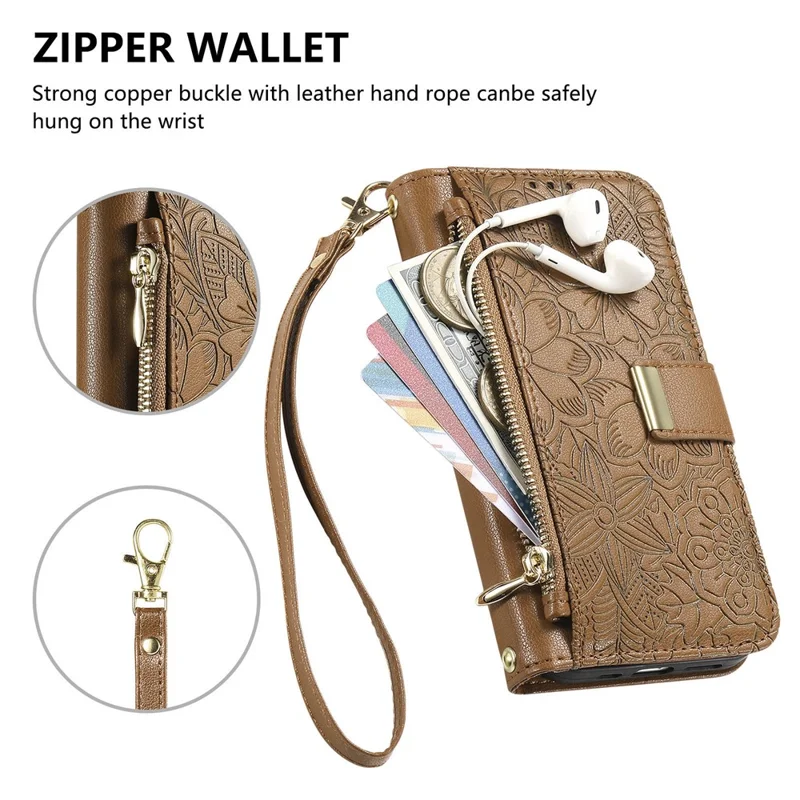 For vivo X300 Pro 5G Case Floral Leaf Pattern Multi Card Slots Zipper Leather Phone Cover with Wrist Strap - Brown