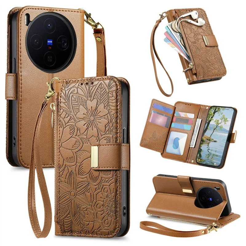 For vivo X300 5G Case Floral Leaf Pattern Multi Card Slots Zipper Leather Phone Cover with Wrist Strap - Brown