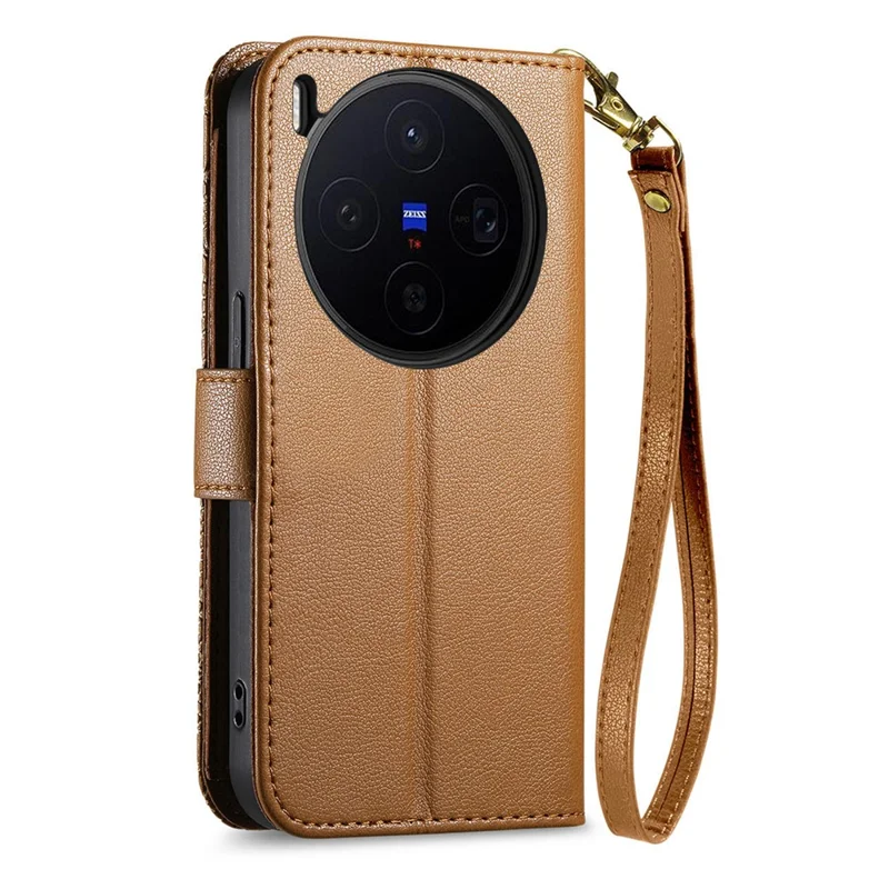 For vivo X300 5G Case Floral Leaf Pattern Multi Card Slots Zipper Leather Phone Cover with Wrist Strap - Brown