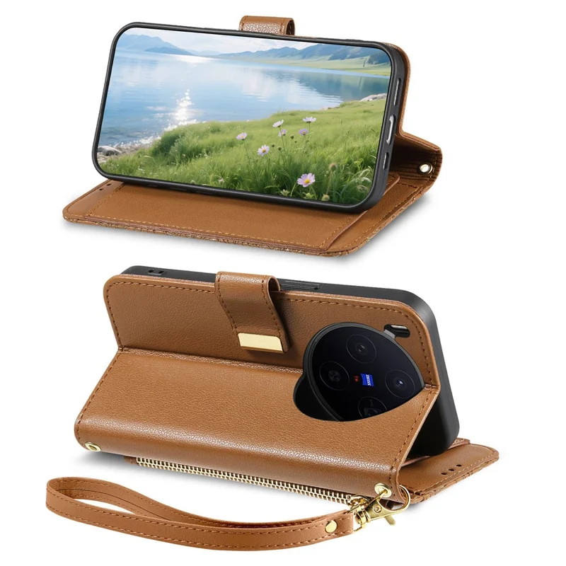 For vivo X300 5G Case Floral Leaf Pattern Multi Card Slots Zipper Leather Phone Cover with Wrist Strap - Brown