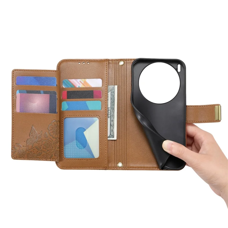 For vivo X300 5G Case Floral Leaf Pattern Multi Card Slots Zipper Leather Phone Cover with Wrist Strap - Brown