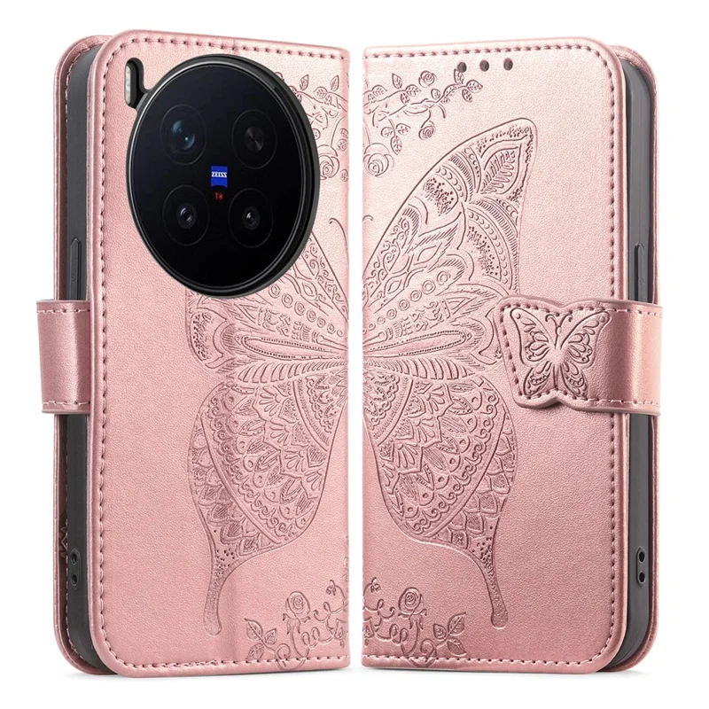 For vivo X300 Pro 5G Case with Strap Butterfly Pattern PU Leather Wallet Phone Cover - Rose Gold