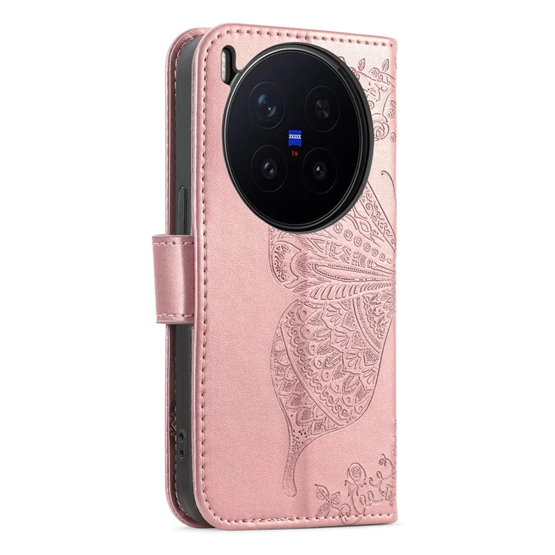 For vivo X300 Pro 5G Case with Strap Butterfly Pattern PU Leather Wallet Phone Cover - Rose Gold