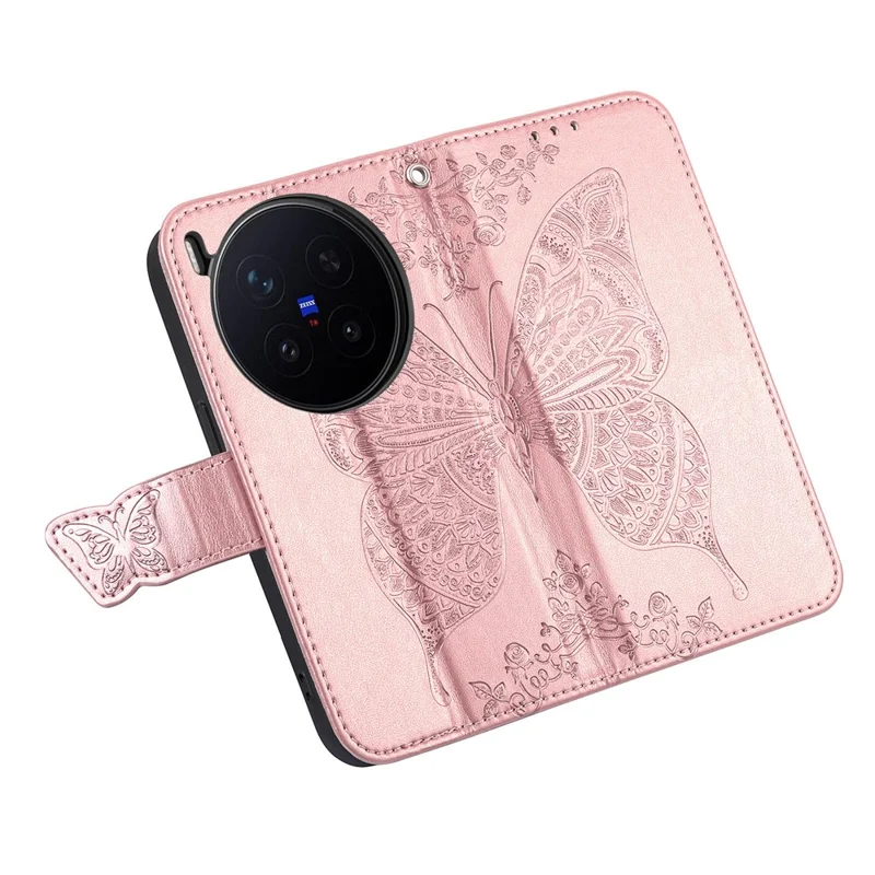 For vivo X300 Pro 5G Case with Strap Butterfly Pattern PU Leather Wallet Phone Cover - Rose Gold