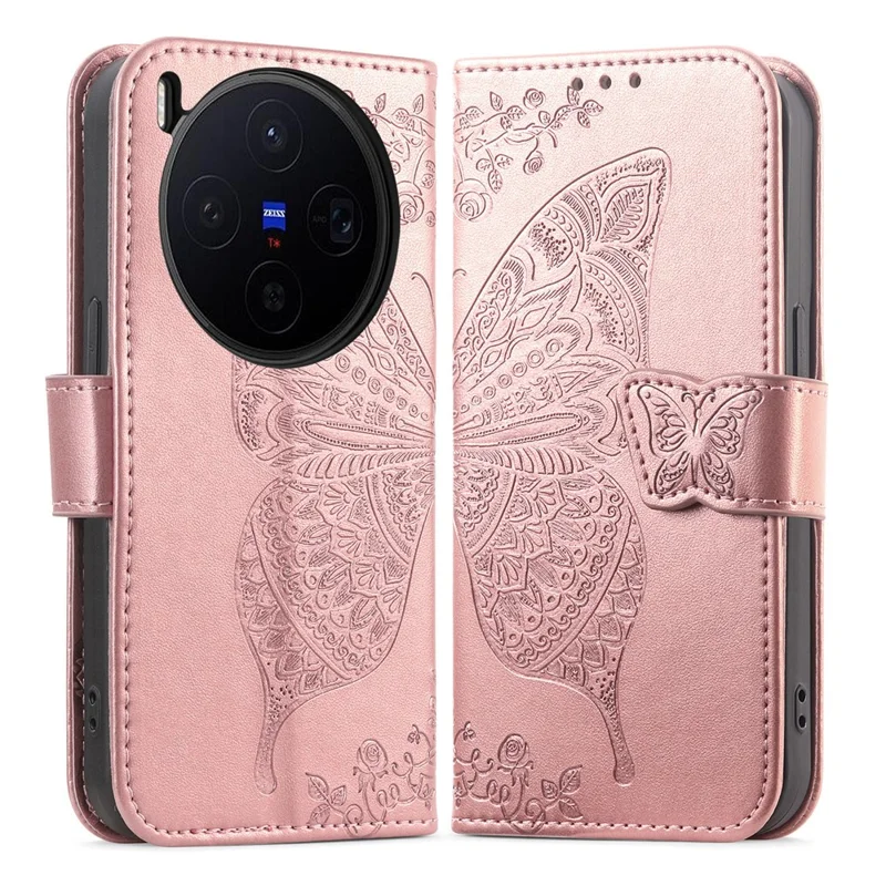 For vivo X300 5G Case with Strap Butterfly Pattern PU Leather Wallet Phone Cover - Rose Gold