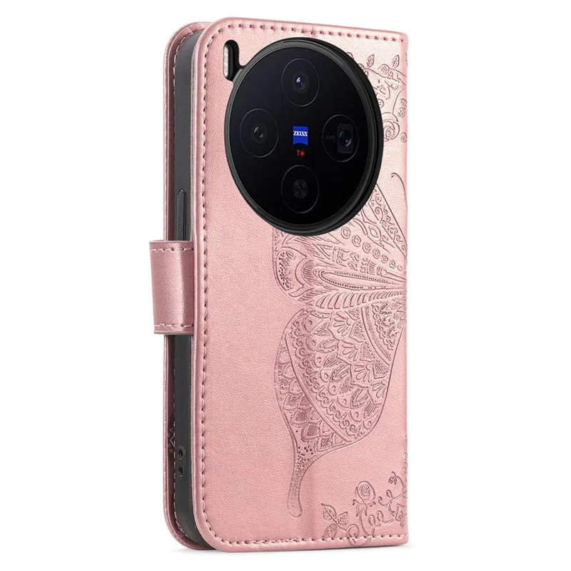 For vivo X300 5G Case with Strap Butterfly Pattern PU Leather Wallet Phone Cover - Rose Gold
