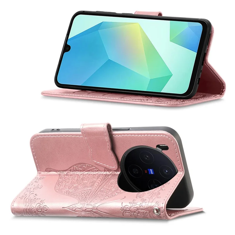 For vivo X300 5G Case with Strap Butterfly Pattern PU Leather Wallet Phone Cover - Rose Gold