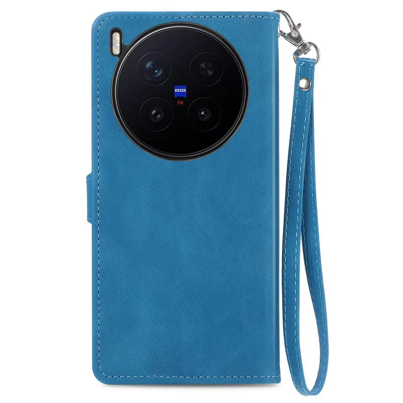 For vivo X300 Pro 5G Zipper Wallet Case with Strap Flower Imprint PU Leather Phone Cover - Blue