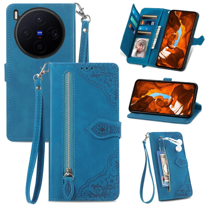 For vivo X300 5G Zipper Wallet Case with Strap Flower Imprint PU Leather Phone Cover - Blue