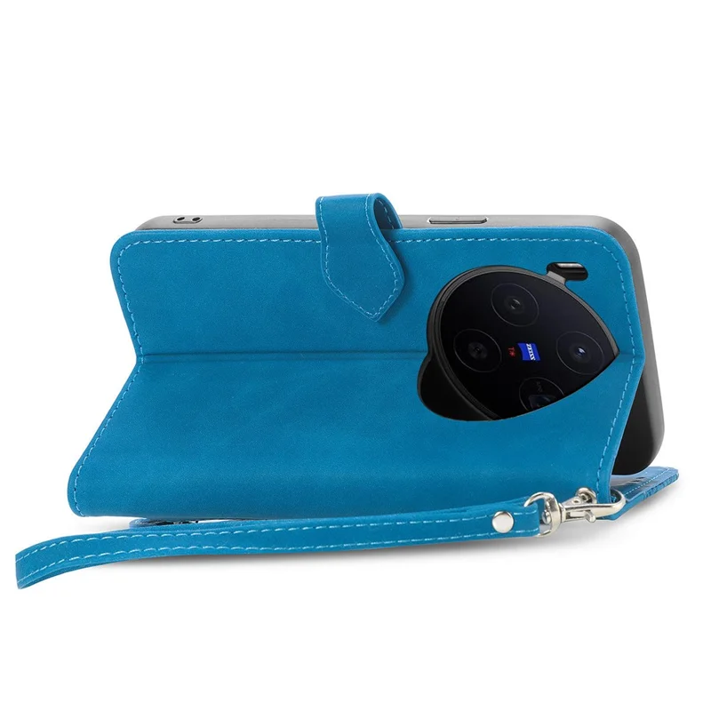 For vivo X300 5G Zipper Wallet Case with Strap Flower Imprint PU Leather Phone Cover - Blue