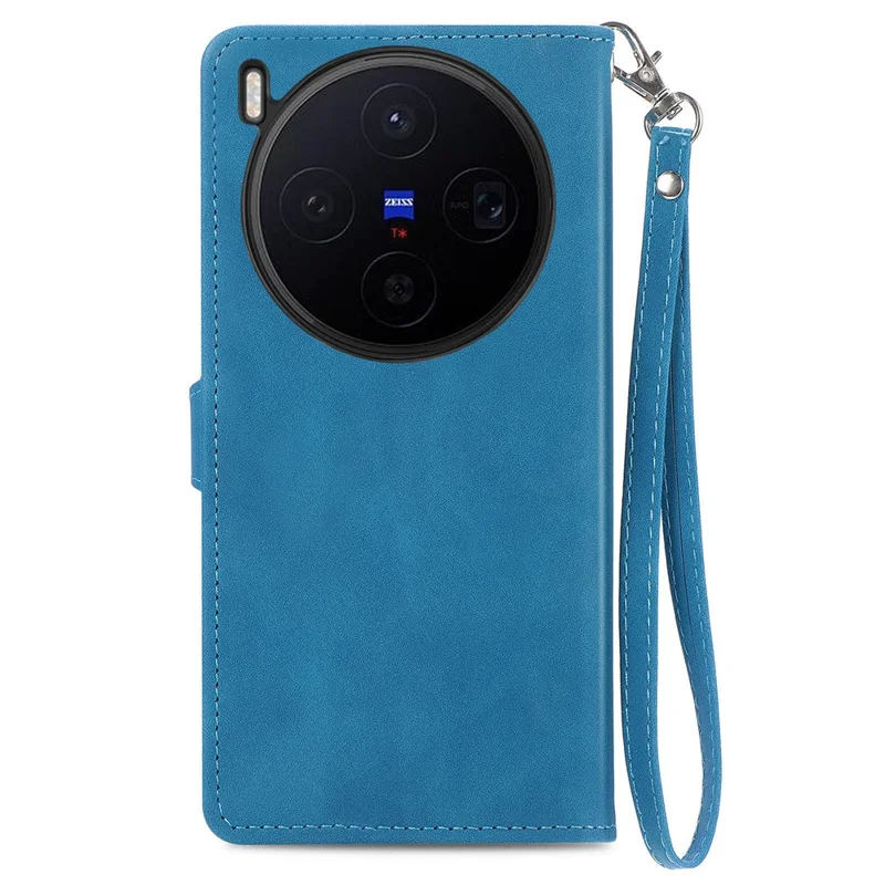 For vivo X300 5G Zipper Wallet Case with Strap Flower Imprint PU Leather Phone Cover - Blue