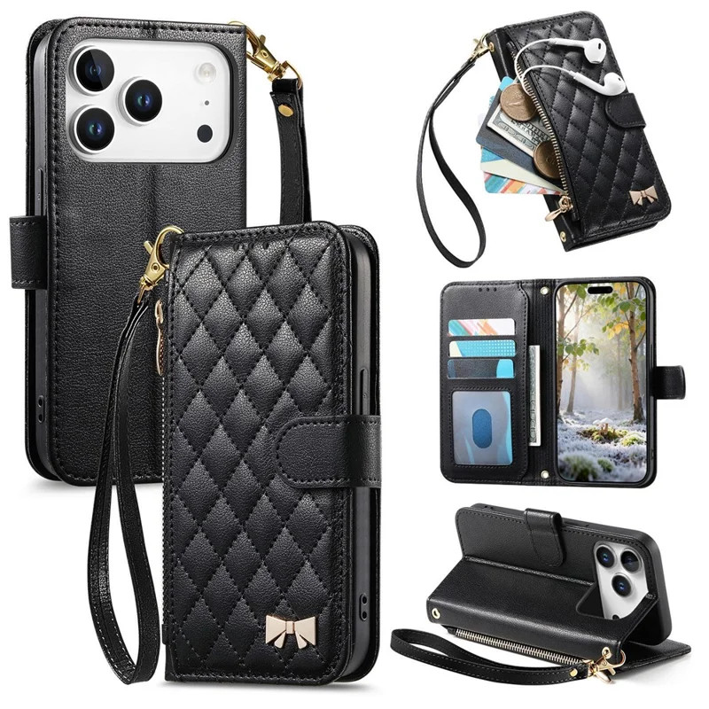 For iPhone 17 Pro Max Stand Case Imprint TPU PU Leather Zipper Pocket Wallet Phone Cover with Strap - Black