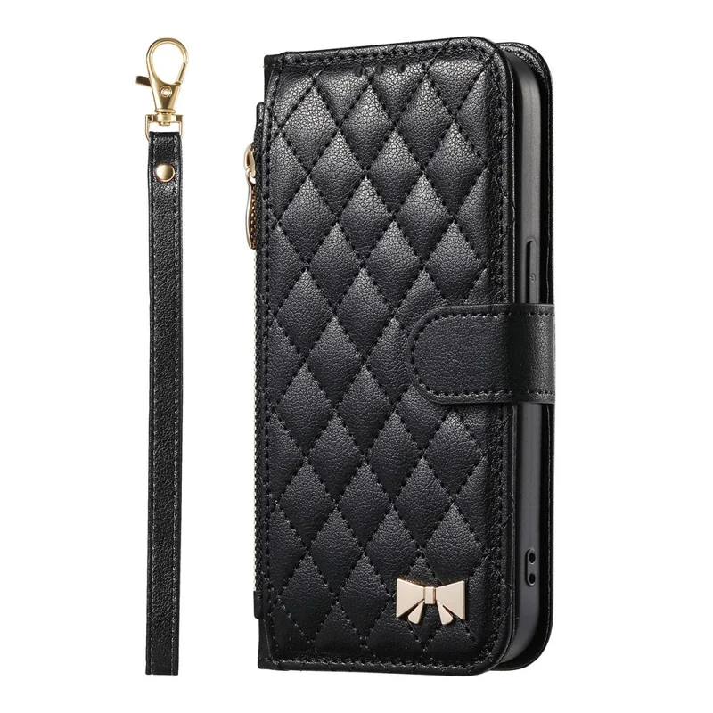For iPhone 17 Pro Max Stand Case Imprint TPU PU Leather Zipper Pocket Wallet Phone Cover with Strap - Black