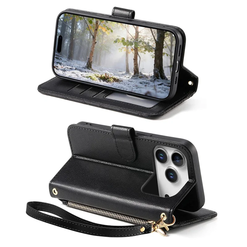 For iPhone 17 Pro Max Stand Case Imprint TPU PU Leather Zipper Pocket Wallet Phone Cover with Strap - Black