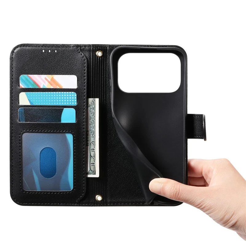 For iPhone 17 Pro Max Stand Case Imprint TPU PU Leather Zipper Pocket Wallet Phone Cover with Strap - Black
