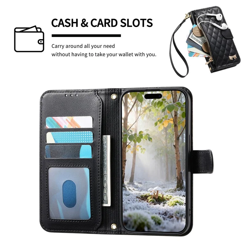 For iPhone 17 Pro Max Stand Case Imprint TPU PU Leather Zipper Pocket Wallet Phone Cover with Strap - Black