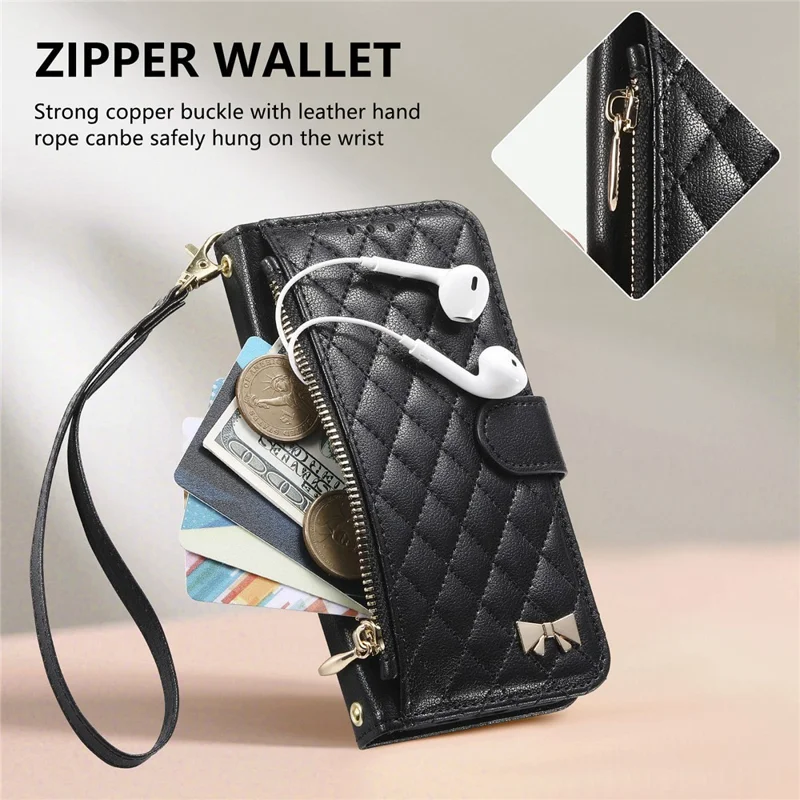 For iPhone 17 Pro Max Stand Case Imprint TPU PU Leather Zipper Pocket Wallet Phone Cover with Strap - Black