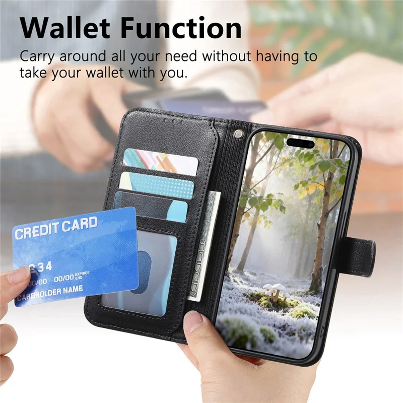 For iPhone 17 Pro Max Stand Case Imprint TPU PU Leather Zipper Pocket Wallet Phone Cover with Strap - Black