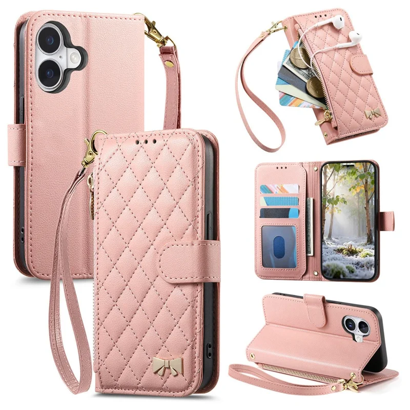 For iPhone 17 Stand Case Imprint TPU PU Leather Zipper Pocket Wallet Phone Cover with Strap - Pink