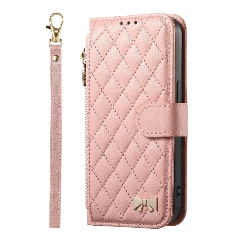 For iPhone 17 Stand Case Imprint TPU PU Leather Zipper Pocket Wallet Phone Cover with Strap - Pink