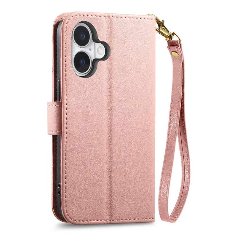 For iPhone 17 Stand Case Imprint TPU PU Leather Zipper Pocket Wallet Phone Cover with Strap - Pink