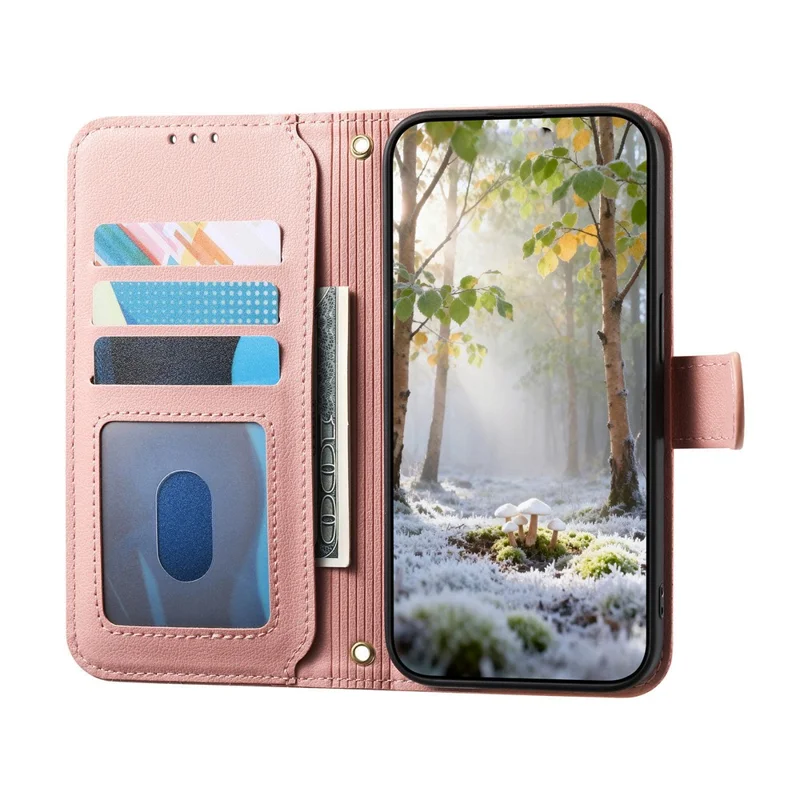 For iPhone 17 Stand Case Imprint TPU PU Leather Zipper Pocket Wallet Phone Cover with Strap - Pink