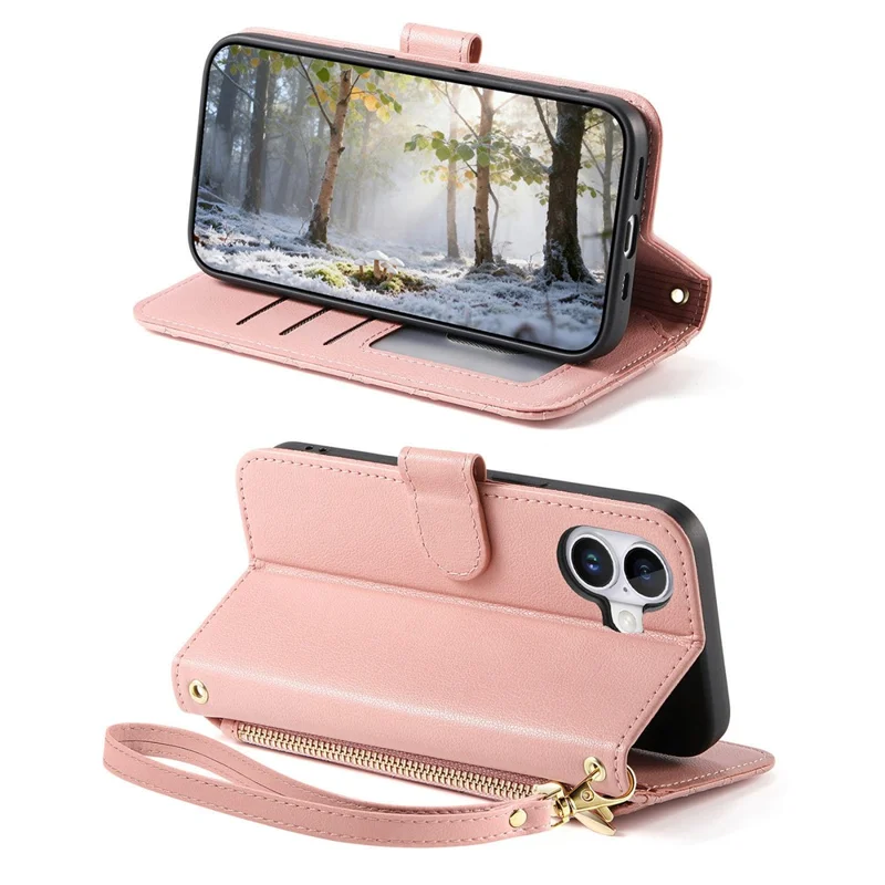 For iPhone 17 Stand Case Imprint TPU PU Leather Zipper Pocket Wallet Phone Cover with Strap - Pink