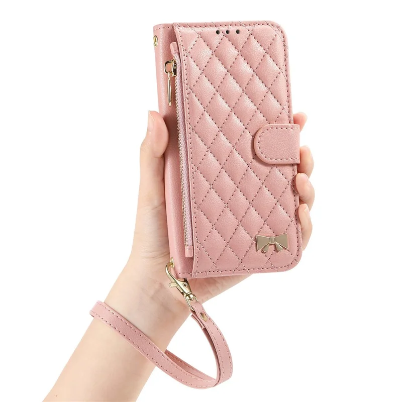 For iPhone 17 Stand Case Imprint TPU PU Leather Zipper Pocket Wallet Phone Cover with Strap - Pink
