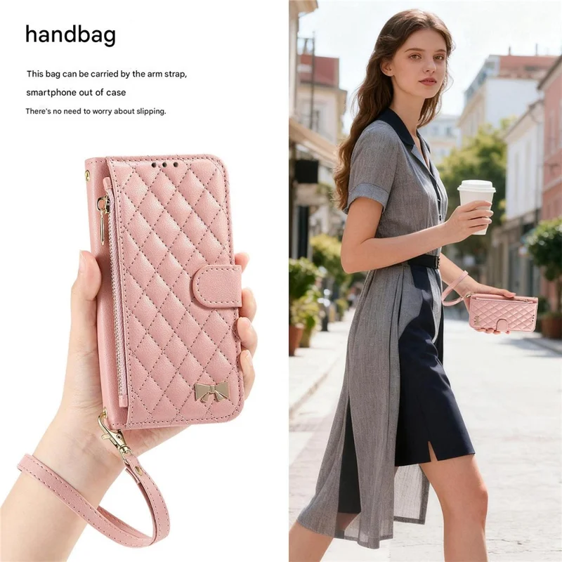 For iPhone 17 Stand Case Imprint TPU PU Leather Zipper Pocket Wallet Phone Cover with Strap - Pink