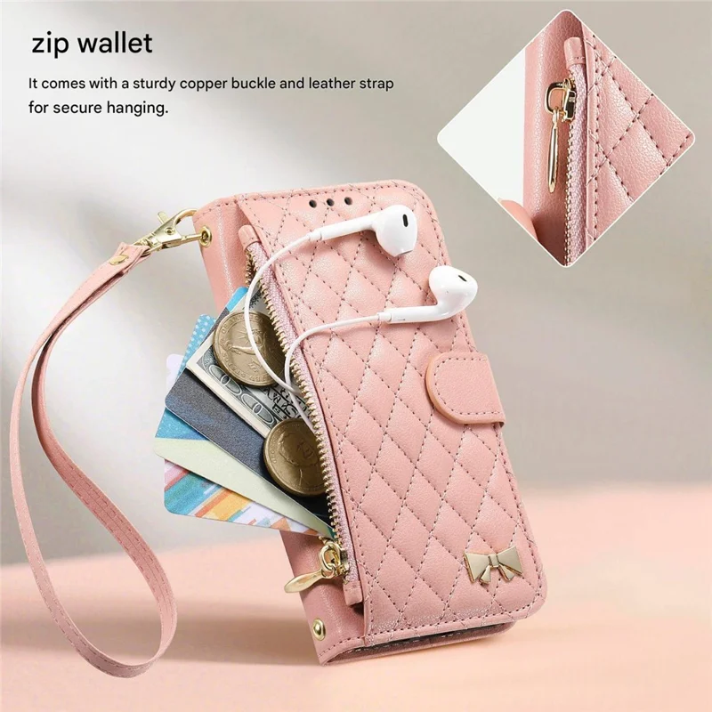 For iPhone 17 Stand Case Imprint TPU PU Leather Zipper Pocket Wallet Phone Cover with Strap - Pink