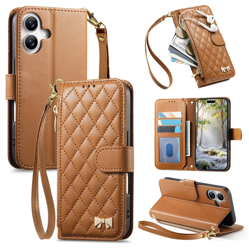 For iPhone 16 Stand Case Imprint TPU PU Leather Zipper Pocket Wallet Phone Cover with Strap - Brown
