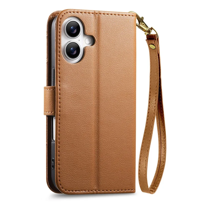 For iPhone 16 Stand Case Imprint TPU PU Leather Zipper Pocket Wallet Phone Cover with Strap - Brown