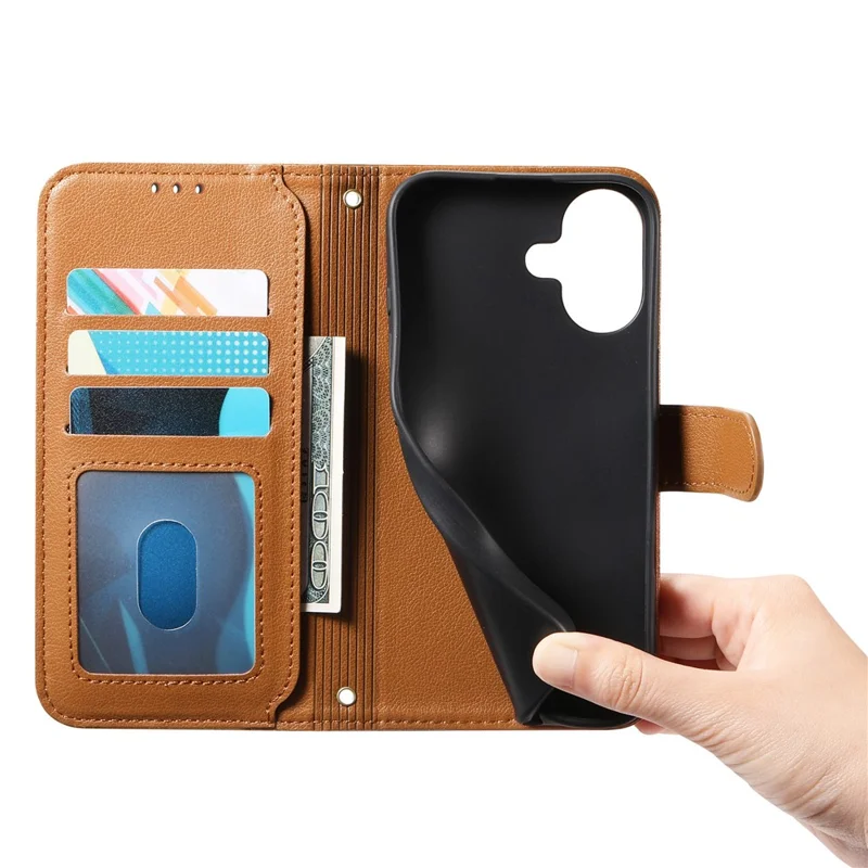 For iPhone 16 Stand Case Imprint TPU PU Leather Zipper Pocket Wallet Phone Cover with Strap - Brown