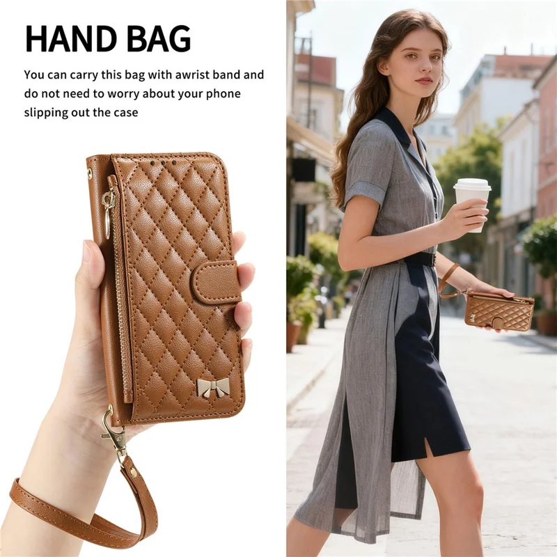 For iPhone 16 Stand Case Imprint TPU PU Leather Zipper Pocket Wallet Phone Cover with Strap - Brown