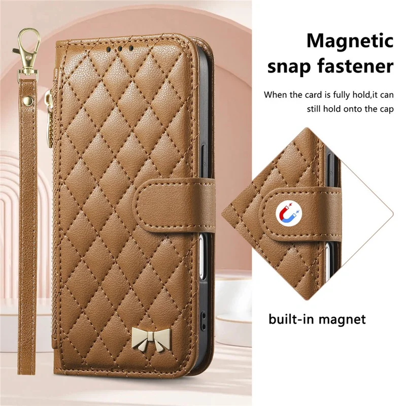 For iPhone 16 Stand Case Imprint TPU PU Leather Zipper Pocket Wallet Phone Cover with Strap - Brown