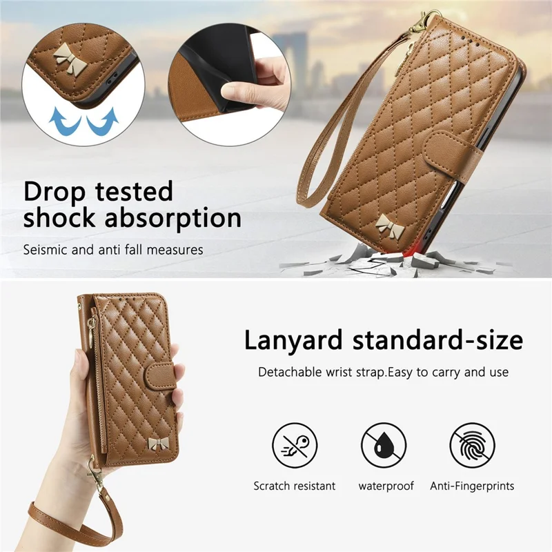 For iPhone 16 Stand Case Imprint TPU PU Leather Zipper Pocket Wallet Phone Cover with Strap - Brown