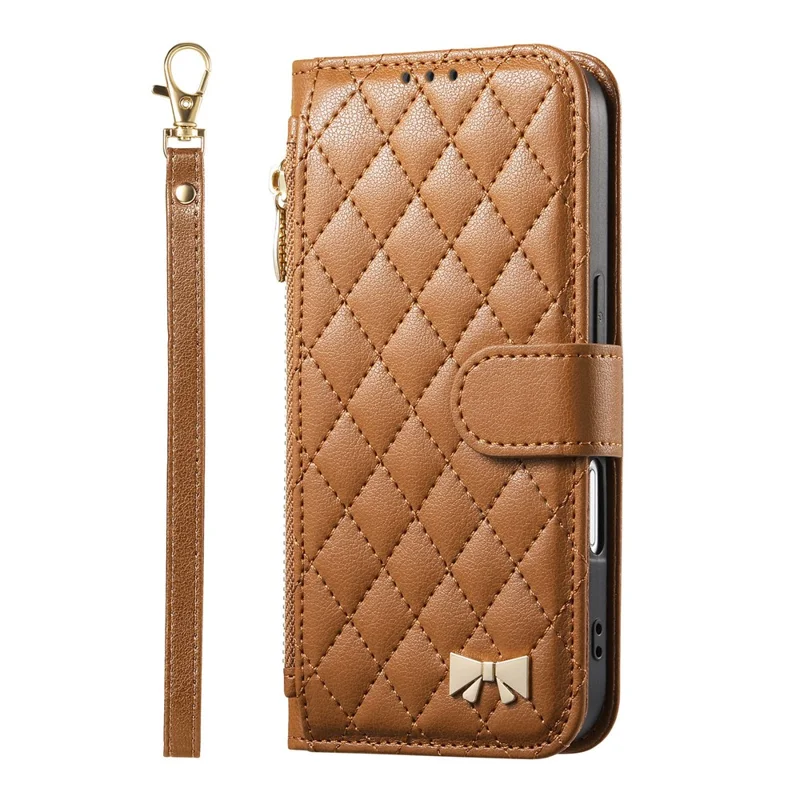 For iPhone 16 Stand Case Imprint TPU PU Leather Zipper Pocket Wallet Phone Cover with Strap - Brown