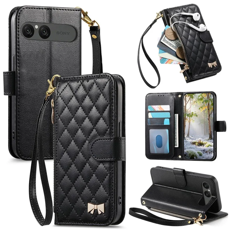 For Sony Xperia 10 VII Stand Case Imprint TPU PU Leather Zipper Pocket Wallet Phone Cover with Strap - Black