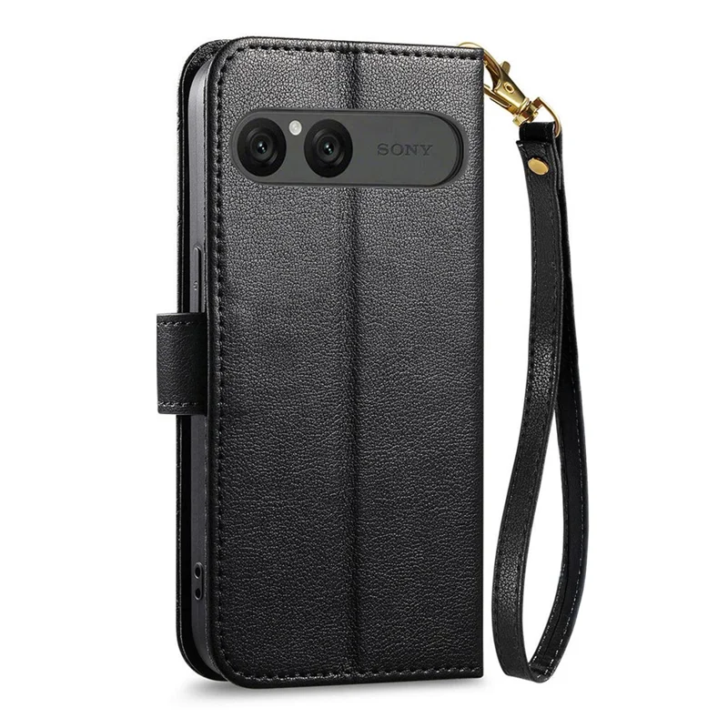 For Sony Xperia 10 VII Stand Case Imprint TPU PU Leather Zipper Pocket Wallet Phone Cover with Strap - Black