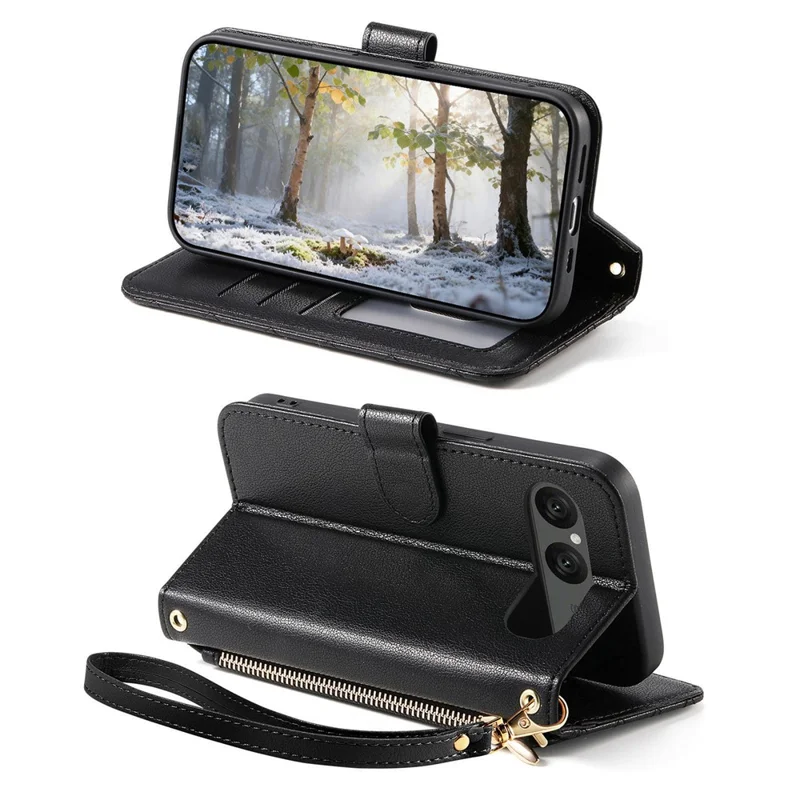 For Sony Xperia 10 VII Stand Case Imprint TPU PU Leather Zipper Pocket Wallet Phone Cover with Strap - Black