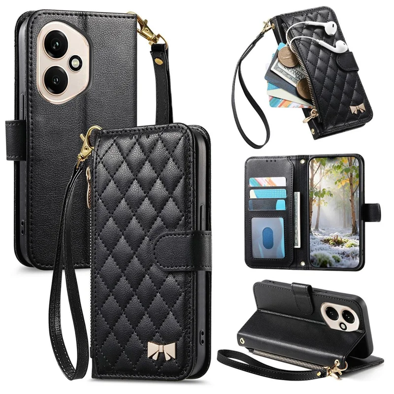 For Honor 400 5G (Global) Stand Case Imprint TPU PU Leather Zipper Pocket Wallet Phone Cover with Strap - Black