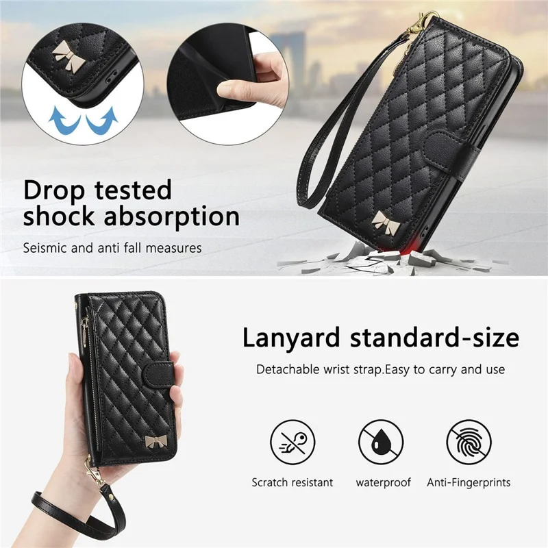 For Honor 400 5G (Global) Stand Case Imprint TPU PU Leather Zipper Pocket Wallet Phone Cover with Strap - Black