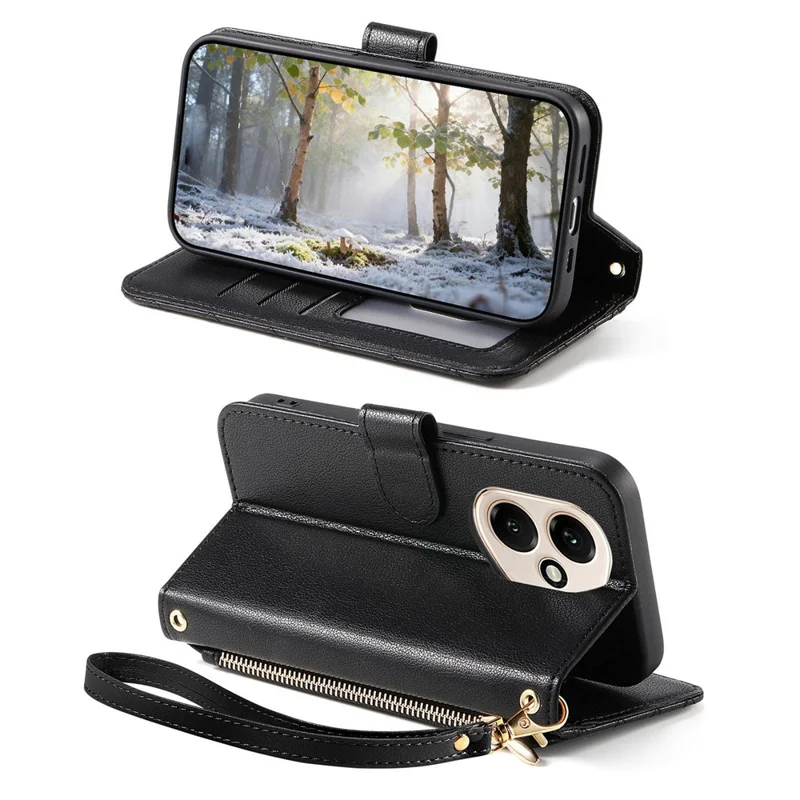 For Honor 400 5G (Global) Stand Case Imprint TPU PU Leather Zipper Pocket Wallet Phone Cover with Strap - Black