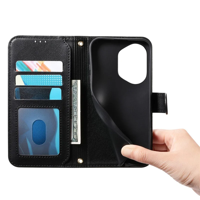 For Honor 400 5G (Global) Stand Case Imprint TPU PU Leather Zipper Pocket Wallet Phone Cover with Strap - Black