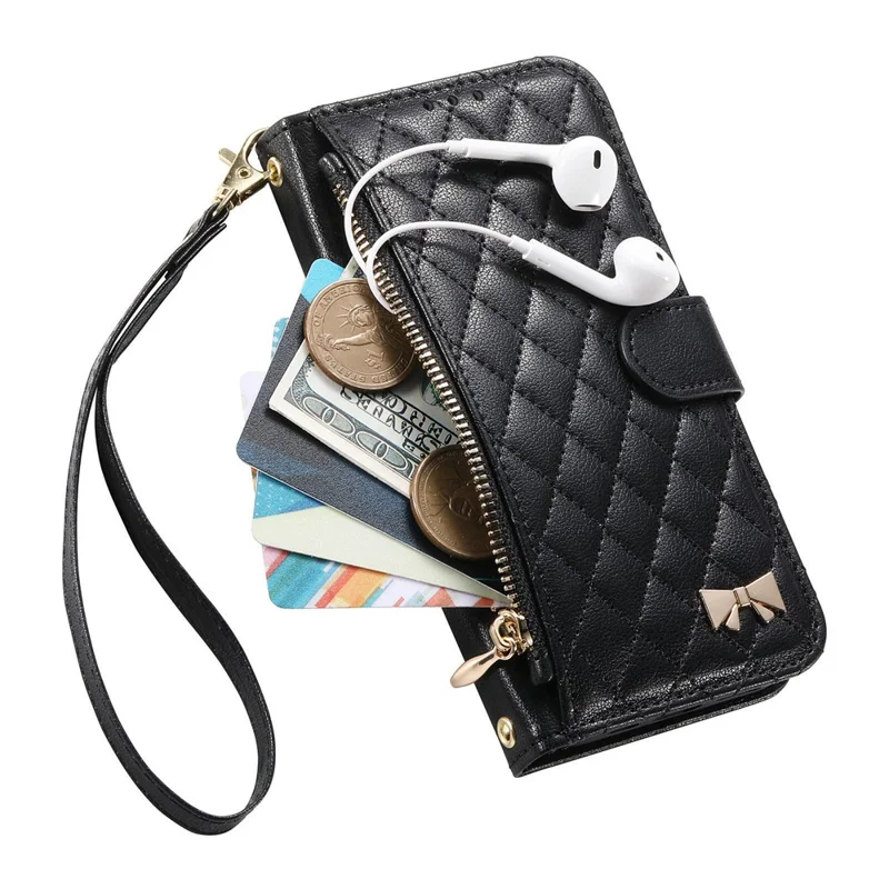 For Honor 400 5G (Global) Stand Case Imprint TPU PU Leather Zipper Pocket Wallet Phone Cover with Strap - Black