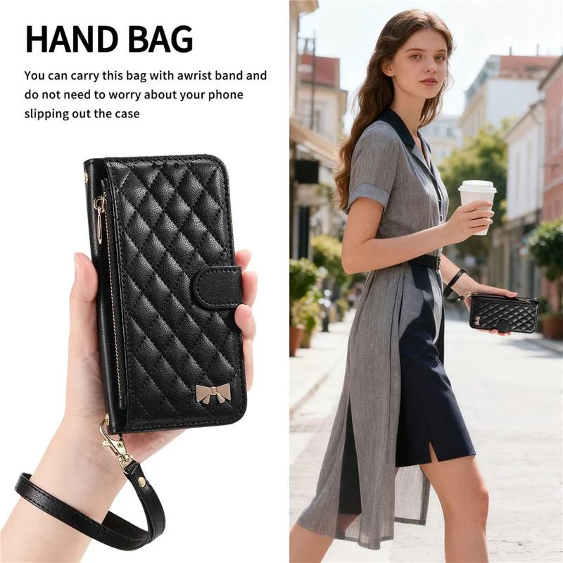 For Honor 400 5G (Global) Stand Case Imprint TPU PU Leather Zipper Pocket Wallet Phone Cover with Strap - Black