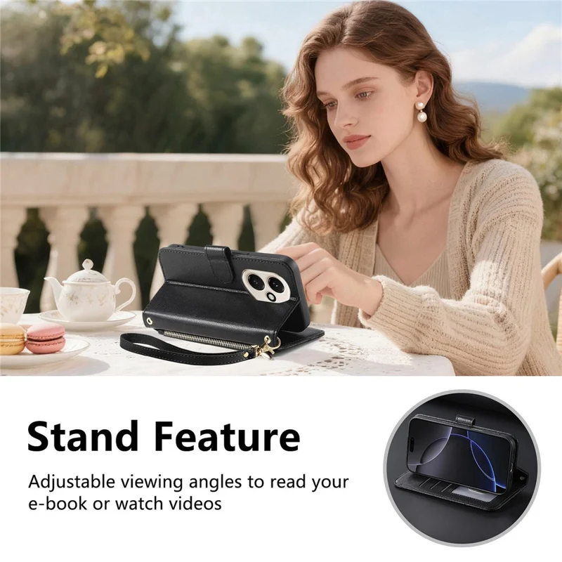 For Honor 400 5G (Global) Stand Case Imprint TPU PU Leather Zipper Pocket Wallet Phone Cover with Strap - Black